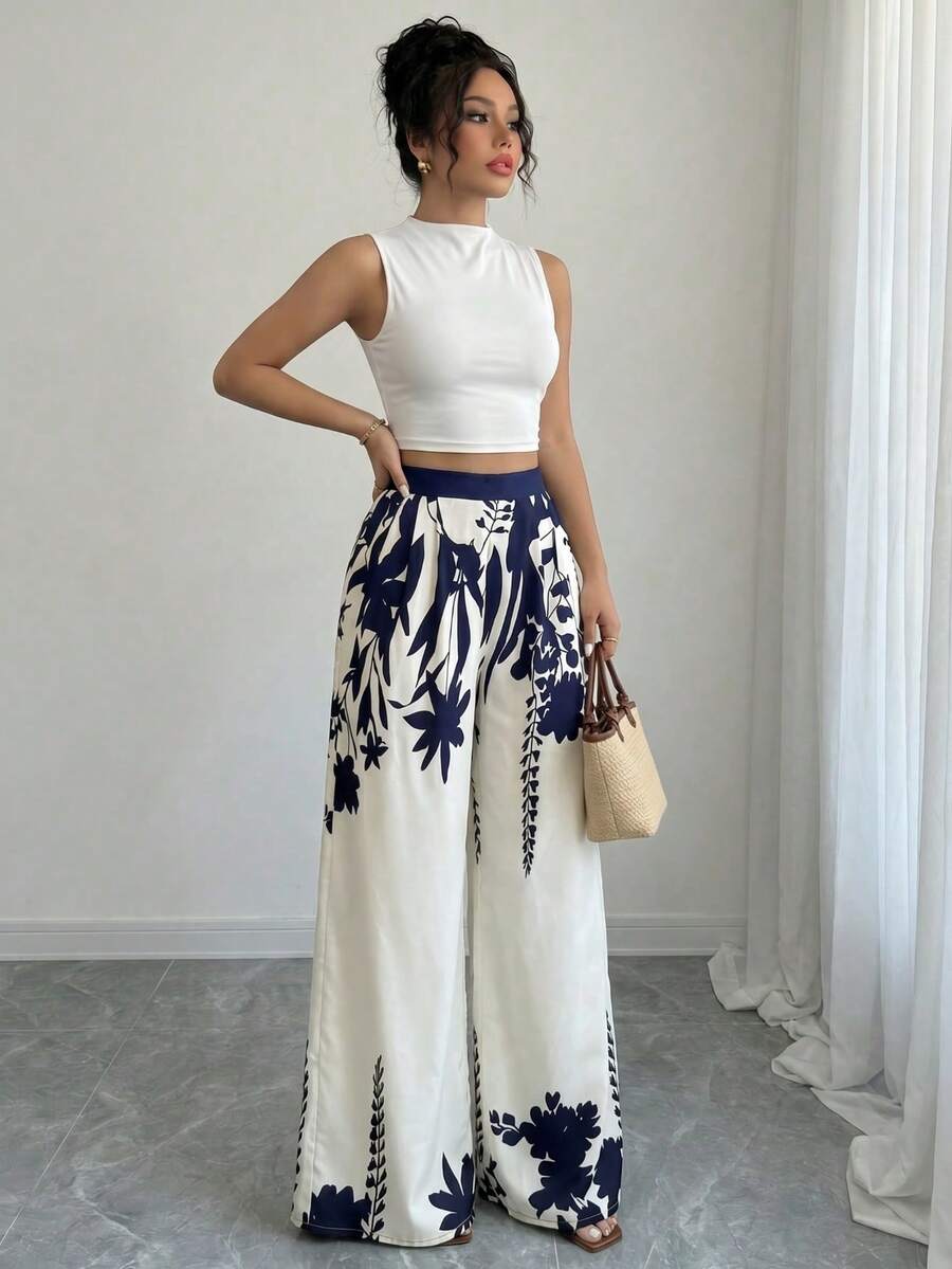 Conjunto Feminino Top e Calça Cintura Alta Perna Larga - Belle Lily