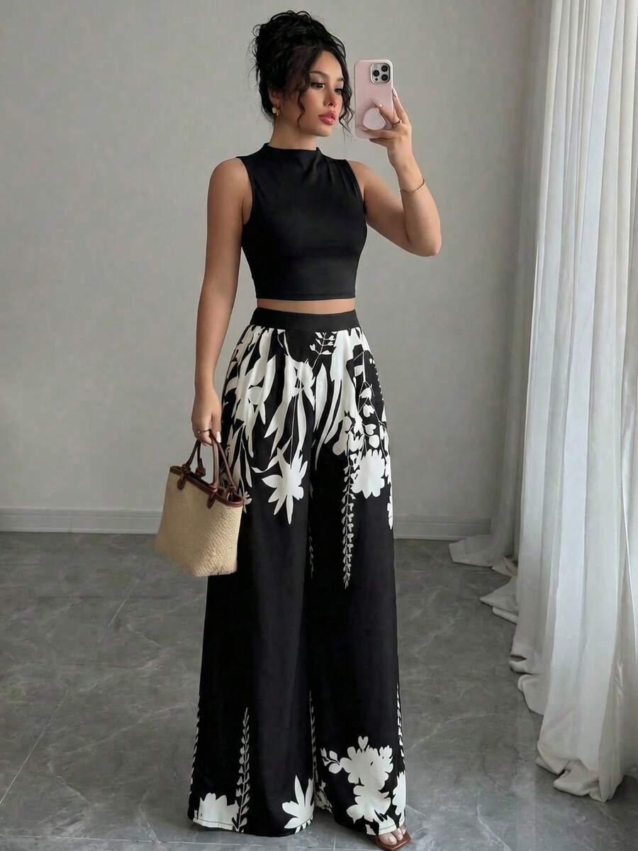 Conjunto Feminino Top e Calça Cintura Alta Perna Larga - Belle Lily