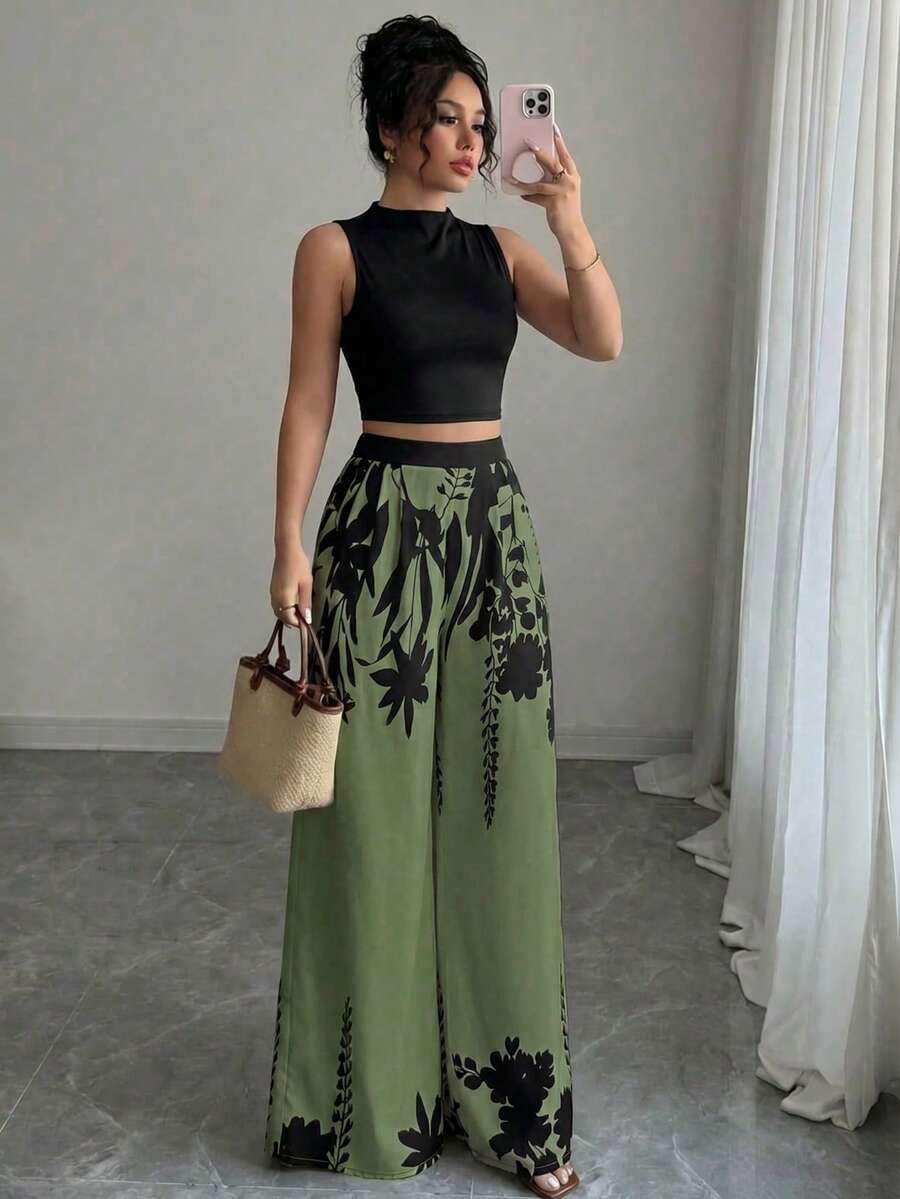 Conjunto Feminino Top e Calça Cintura Alta Perna Larga - Belle Lily