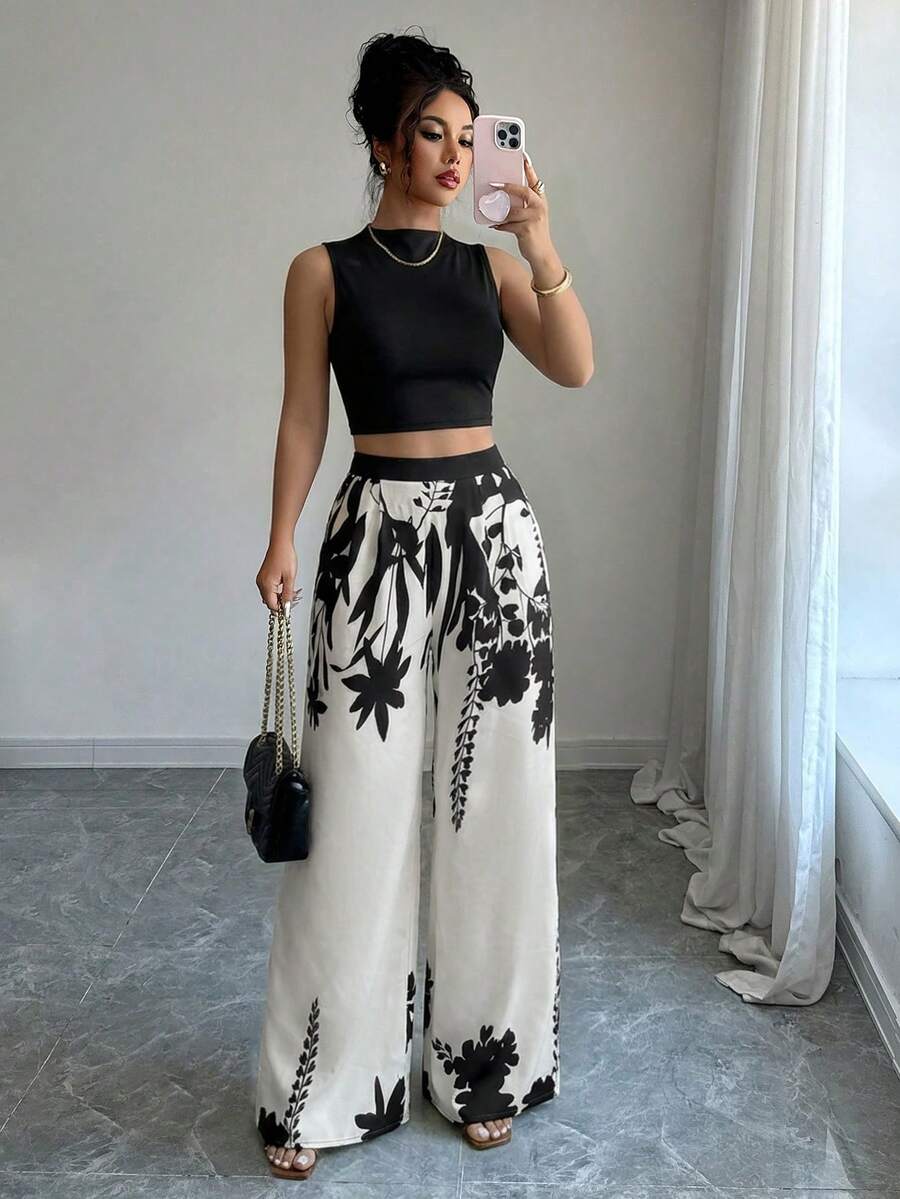 Conjunto Feminino Top e Calça Cintura Alta Perna Larga - Belle Lily