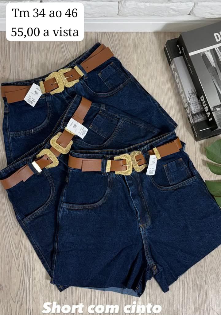 Short Jeans Feminino Azul Escuro com Cinto - Belle Lily