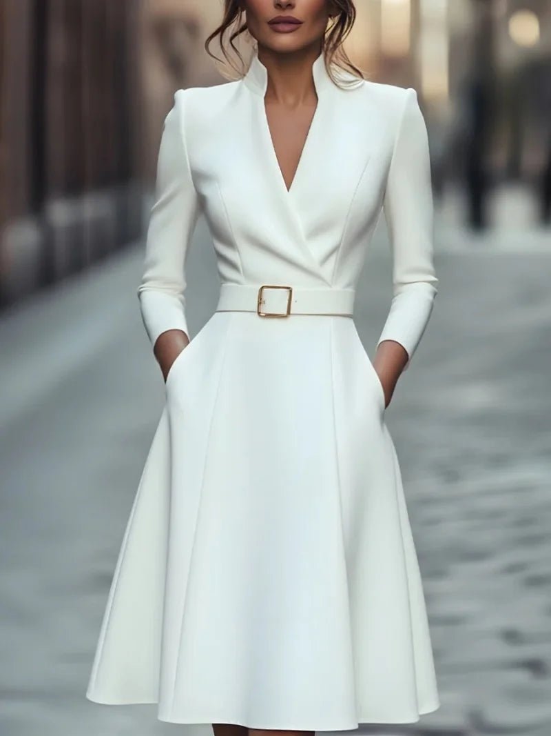 Vestido Midi com Cinto, Manga Comprida e Decote em V - Belle Lily