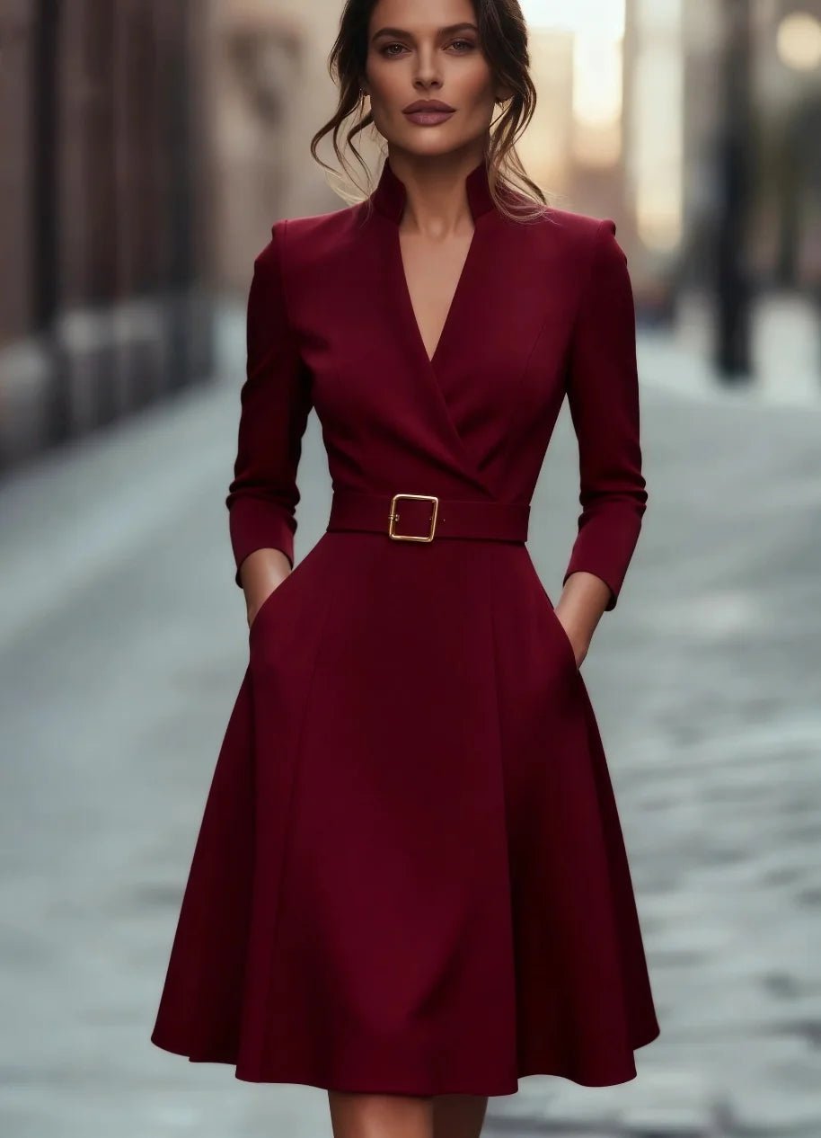 Vestido Midi com Cinto, Manga Comprida e Decote em V - Belle Lily