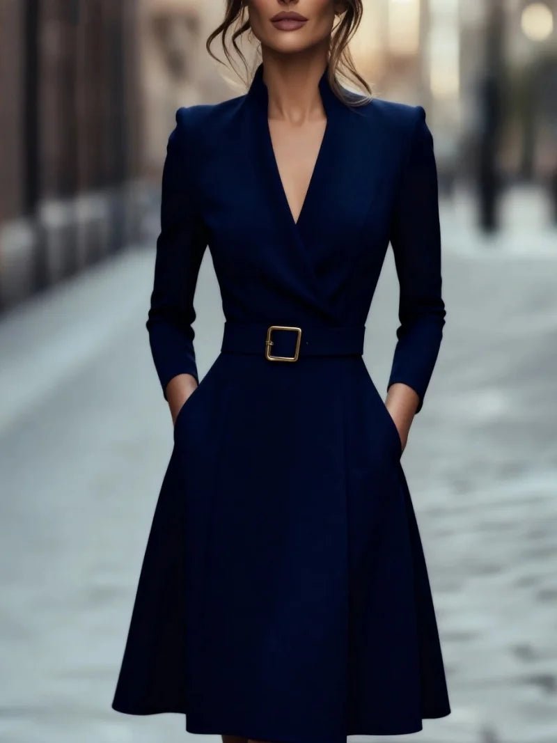 Vestido Midi com Cinto, Manga Comprida e Decote em V - Belle Lily